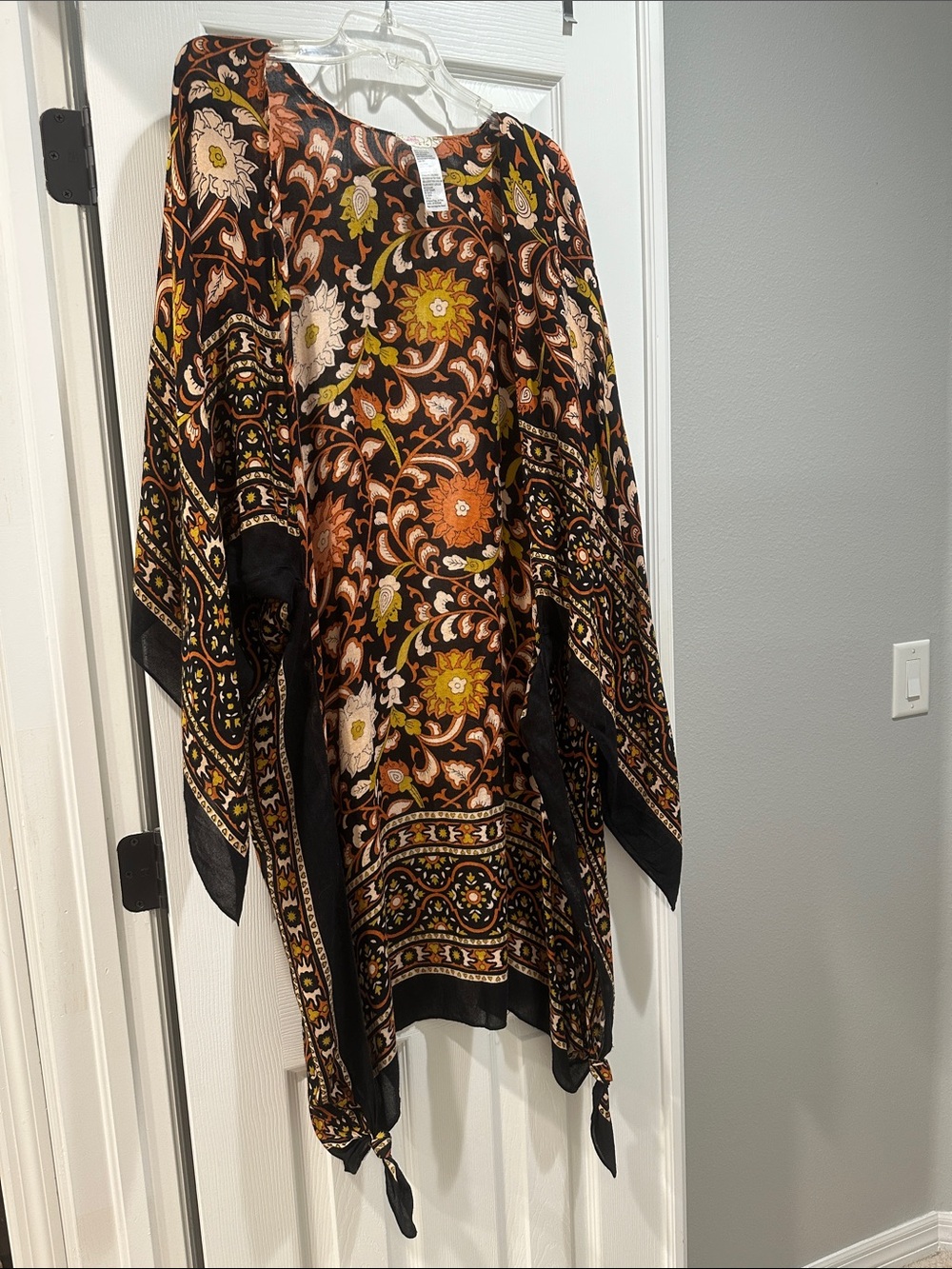 Free People Black Sheer Paisley Tunic with Orange, Yellow & Cream Floral Motif